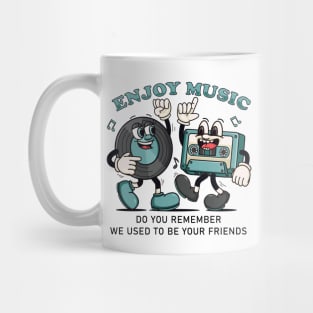 Enjoy the Music. Retro mascots of vinyl records and cassettes that dance to music Mug